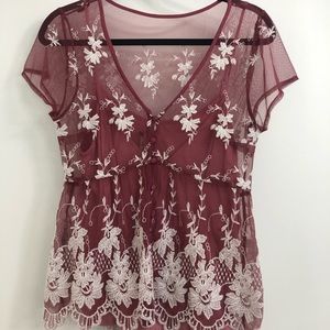 Dark Pink Mesh Blouse With Lace Floral Details
